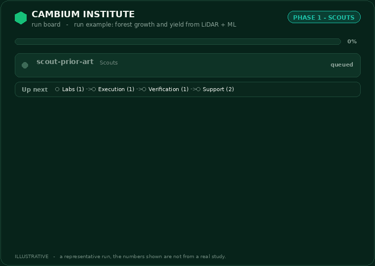 An animated Cambium run board for an illustrative forest growth-and-yield run using LiDAR and machine learning. Across nine frames the Scouts, Labs, Execution, and Verification councils move from queued to working to done with one-line findings, a human gate card asks to accept the results, the Director approves at G4, and the Support council closes out with the teaching-assistant delivering a learning packet. The numbers shown are illustrative, not from a real study.
